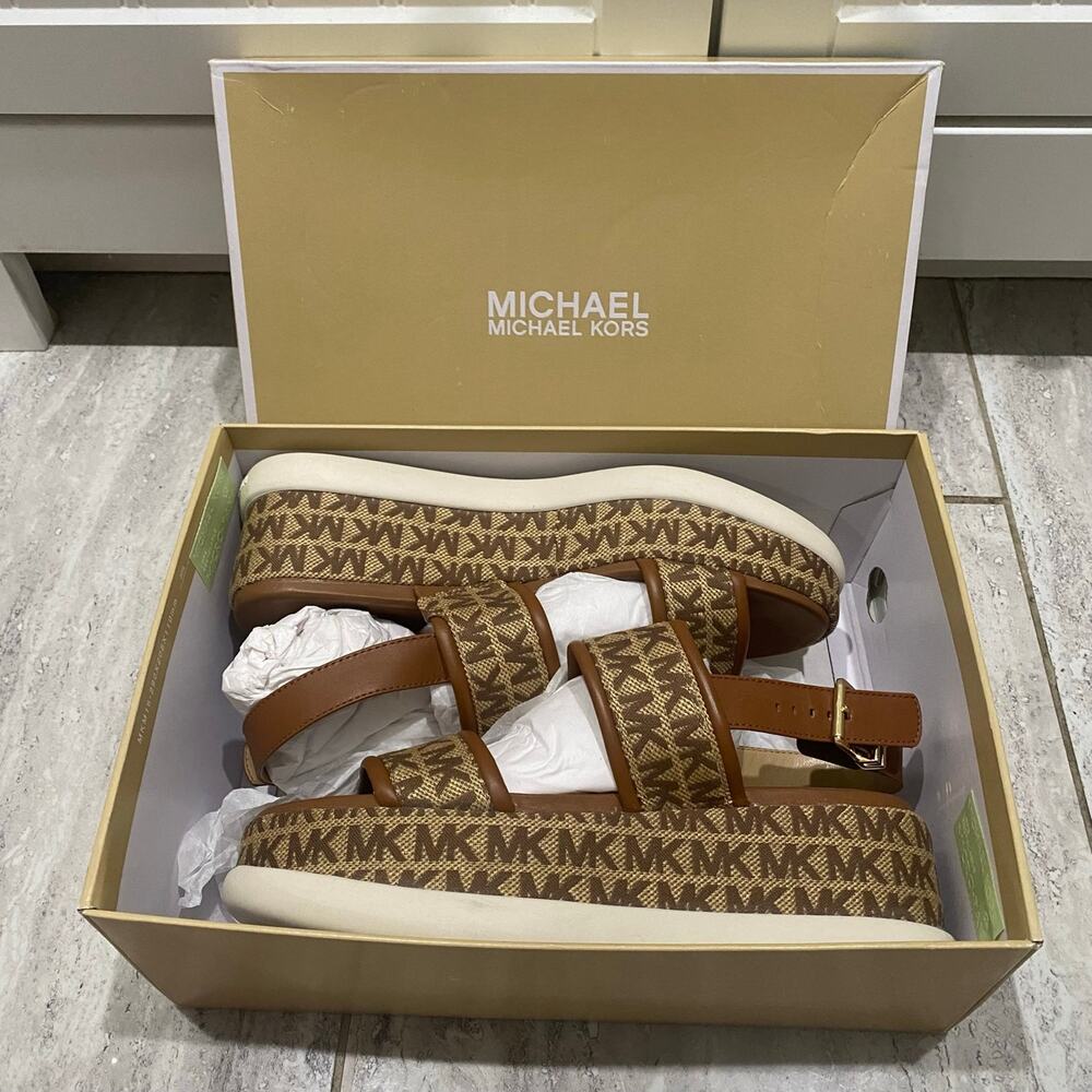 Michael Kors Presley Tan Brown Logo Print Platform Sandals Women's Size 7.5M NEW